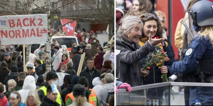 Zwei Demonstrationen, zwei unterschiedliche Bilder. Links in Liestal BL, rechts in Bern. coronavirus