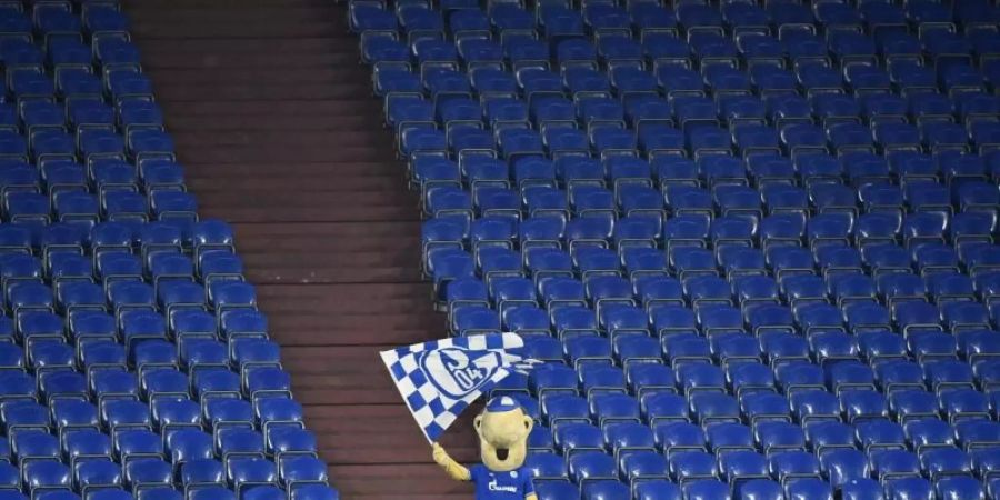 Schalke-Maskottchen Erwin schwenkt auf der sonst leeren Tribüne während des Revierderbys eine Fahne. Foto: Martin Meissner/Pool AP/dpa