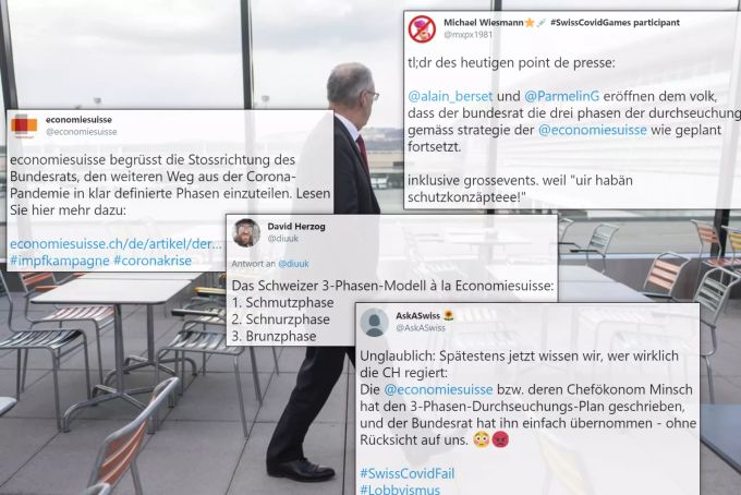 Bundespräsident Guy Parmelin blickt aus dem Fenster an einem Point de Presse über die Auswirkungen der Corona-Pandemie auf die Zürcher Wirtschaft, den Flughafen und den Tourismus, am 15. April 2021 auf dem Flughafen in Zürich. Twitter-User kritisieren derweil die Ähnlichkeit der Bundesrats-Pläne mit dem Phasen-Modell von Economiesuisse. Parmelin Economiesuisse Phasen Tweets