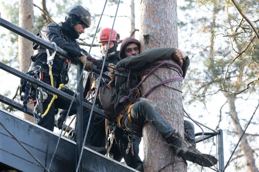 Polizisten entfernen von einer Hebebühne aus in einem besetzten Waldgebiet in der Laussnitzer Heide einen Aktivisten der Initiative «Heibo bleibt» von einem Baum.