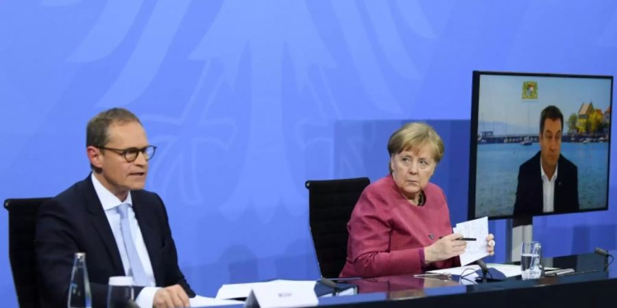 Müller, Merkel und Söder (v.l.) nach Bund-Länder-Beratungen im Mai