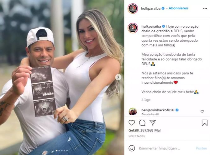 Hulk kündigt voller Freude sein viertes Kind auf Instagram an. Hulk