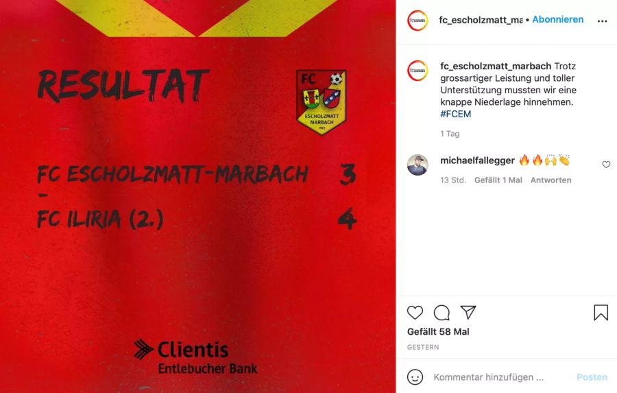 Der FC Escholzmatt-Marbach postet das Endresultat nach der bitteren Cup-Pleite auf Instagram.