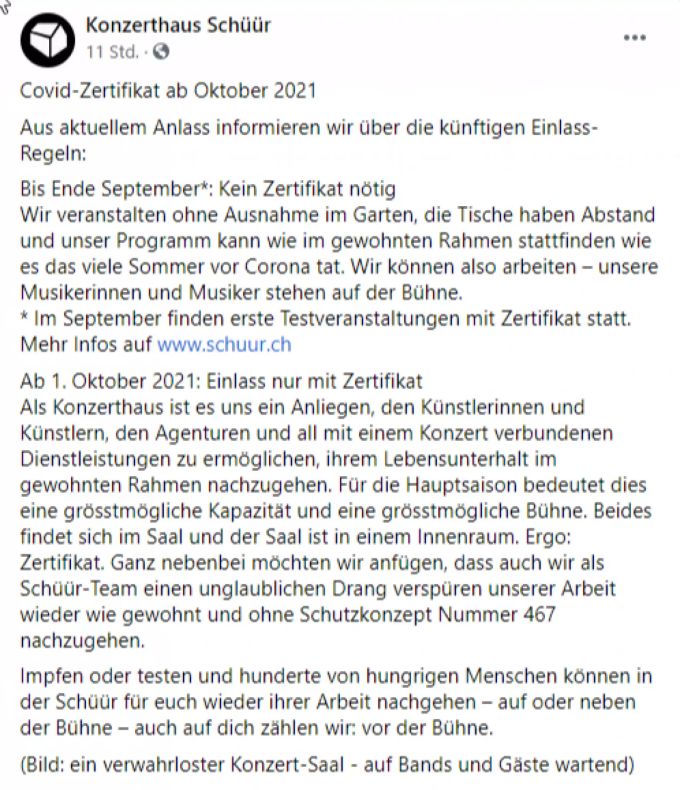 Die Mitteilung vom Konzerthaus Schüür auf Facebook. Konzerthaus Schüür