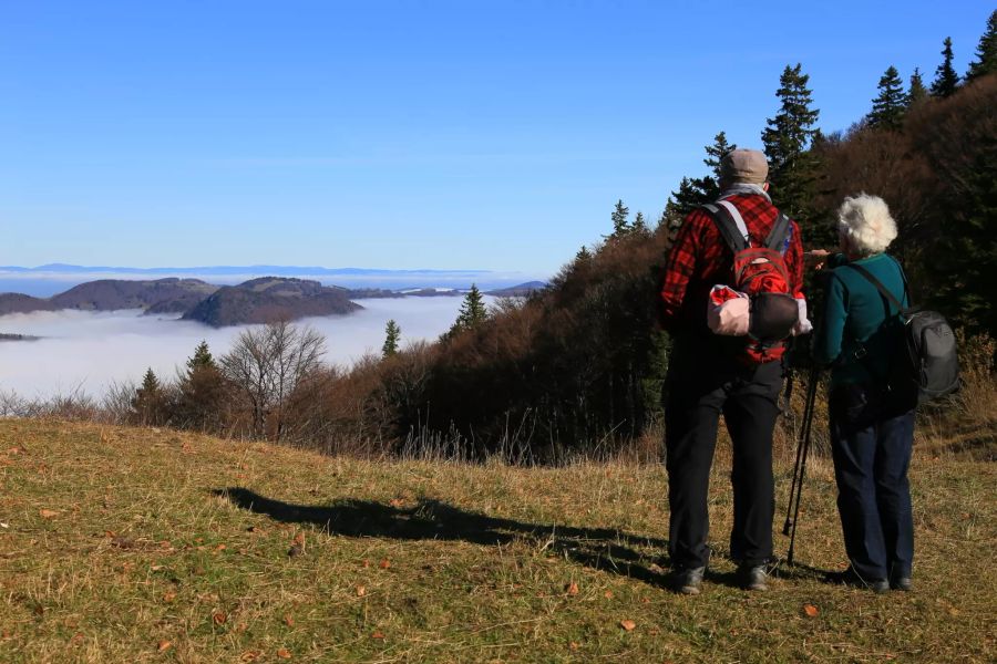 So kennen wir das Mittelland: nie um ein bisschen Nebel verlegen. Das Bild zeigt den Ausblick von der Röti, mit 1395 m ü. M. der höchste Punkt des Weissensteinzugs.