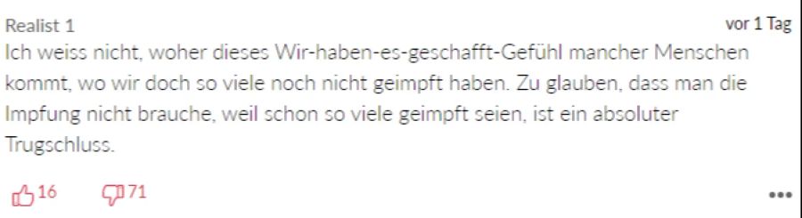 Besonders viele Daumen nach unten erhielt dieser Kommentar, der auf die stagnierenden Impfzahlen hinweist.