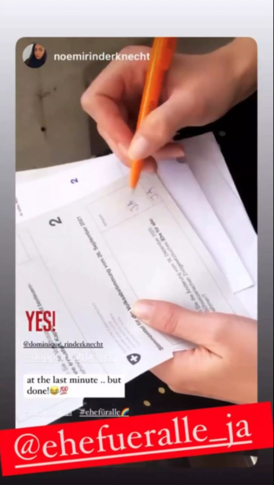 Rinderknecht schreibt gleich zweimal «Ja» für die Ehe für alle.