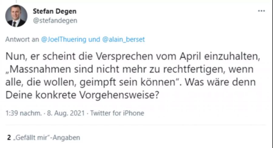 Stefan Degen schreibt auf Twitter, dass sich Berset an die Versprechen vom April zu halten scheint.