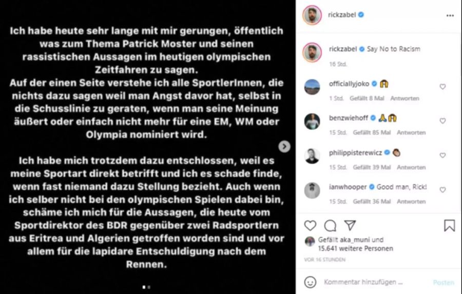 Rick Zabel äussert sich auf Instagram.