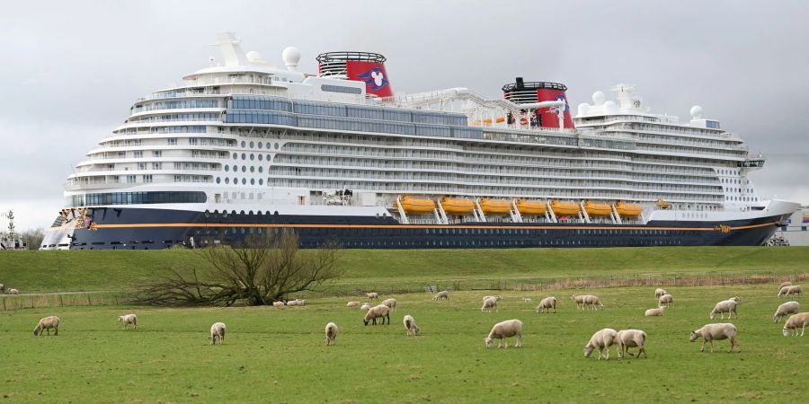 Das neugebaute Kreuzfahrtschiff «Disney Wish» hat die Papenburger Meyer-Werft verlassen und fährt auf der Ems den Weg in Richtung Nordsee.