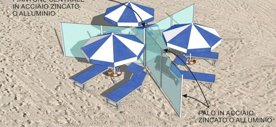 In Zeiten der Corona-Pandemie gelten auch am Strand Abstandsregeln. Das Unternehmen Nuova Neon Group 2 hat dazu Trennwände aus Pexiglas entwickelt.