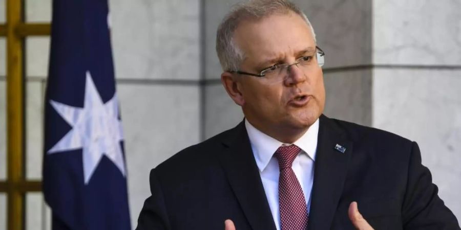 Australiens Premier Scott Morrison am Donnerstag während einer Pressekonferenz im Parlamentsgebäude in Canberra. Foto: Lukas Coch/AAP/dpa