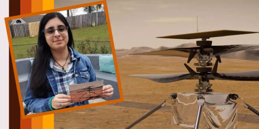 Vaneeza Rupani von der Tuscaloosa County High School in Northport, Alabama, hat den besten von 28'000 Namens-Vorschlägen gemacht für das Mars-Heliköpterchen im Bild. Es wird jetzt «Ingenuity» getauft, «Einfallsreichtum». (Pressebild Nasa)