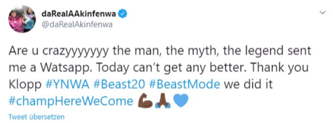Adebayo Akinfenwa freut sich über die Botschaft. «Der Mythos, die Legende hat mir eine Nachricht geschickt. Dieser Tag kann nicht mehr besser werden. Danke Klopp!» Adebayo Akinfenwa