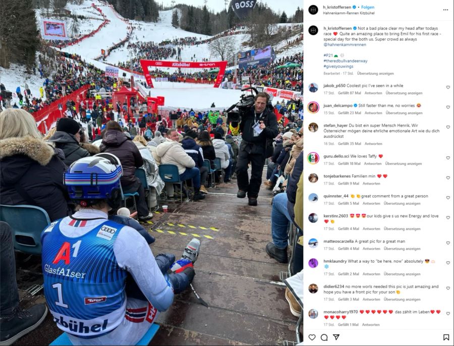 Nach seiner Fahrt verfolgt Henrik Kristoffersen den zweiten Durchgang in Kitzbühel mit Söhnchen Emil auf dem Schoss.