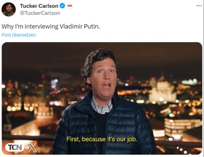 Tucker Carlson verteidigt auf «X», warum er Wladimir Putin interviewt. Tucker Carlson Wladimir Putin