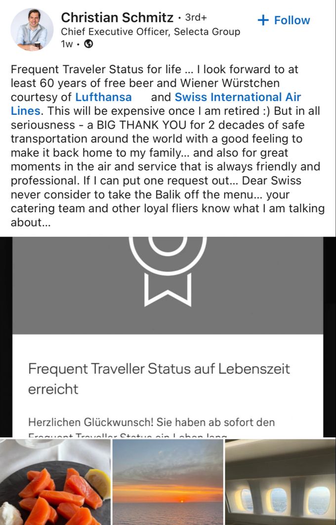 Mangelndes Fingerspitzengefühl? Vom ungewissen Schicksal seiner Angestellten scheinbar unbeeindruckt verfasst Schmitz diesen Beitrag auf Linkedin. Selecta CEO Vielflieger-Status First-Class