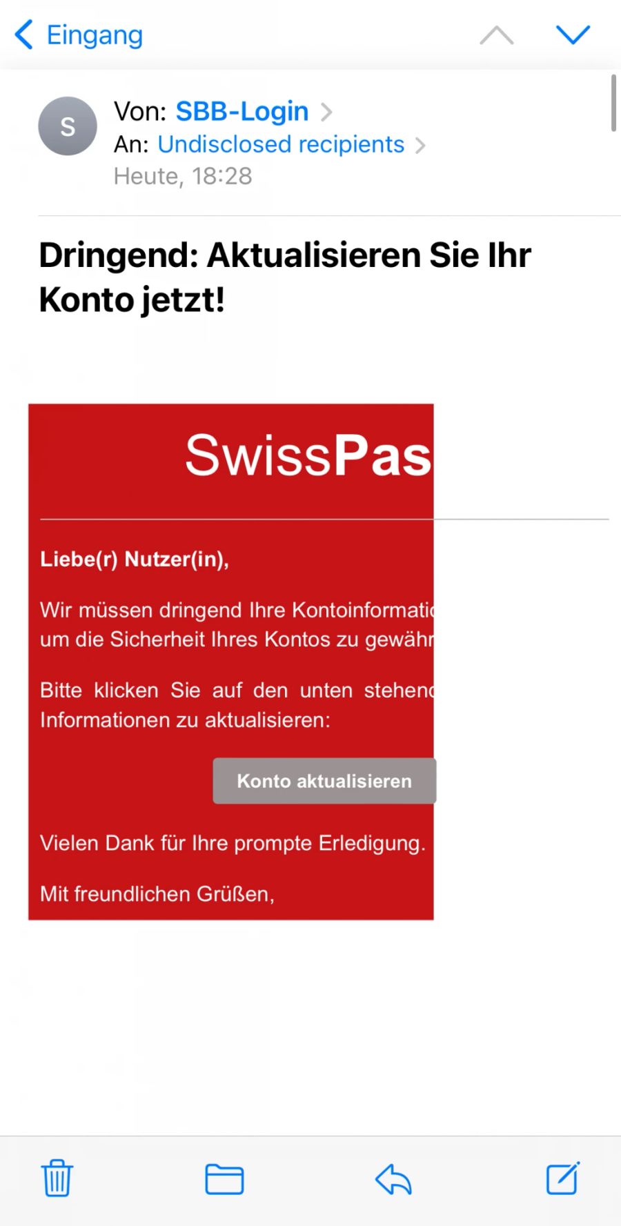 Diese Phishing-Mail stammt nicht von der SBB.