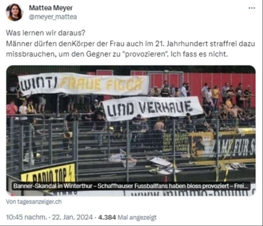 SP-Nationalrätin Mattea Meyer äussert sich zum Freispruch für die Schaffhauser Fussballfans.