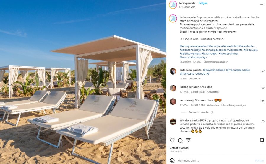 Im «Le Cinque Vele Beach Club» in Marina di Pescoluse zahlen Gäste bis zu 990 Franken – pro Tag.