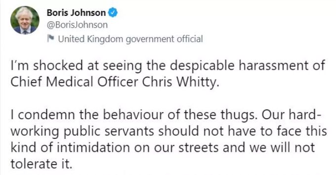 Boris Johnson zeigt sich entsetzt über die Attacke gegen Chris Whitty. Boris Johnson Chris Whitty