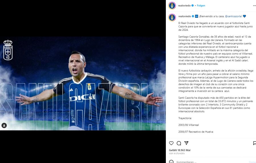 Santi Cazorla kehrt zu seinem Jugendklub Real Oviedo zurück.