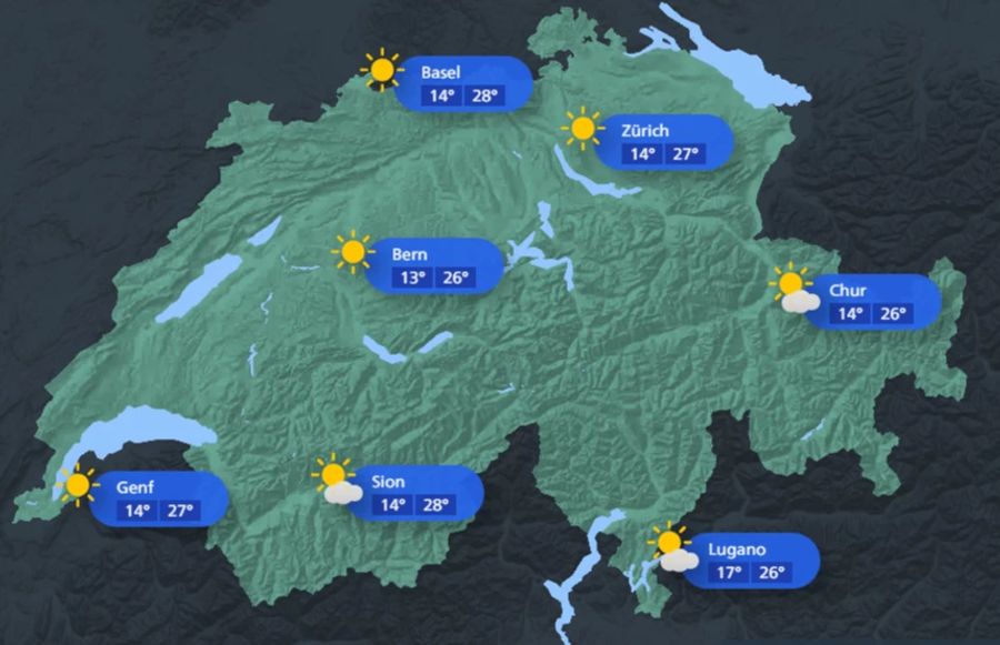 Die Temperaturkarte von Meteoschweiz für diesen Samstag.