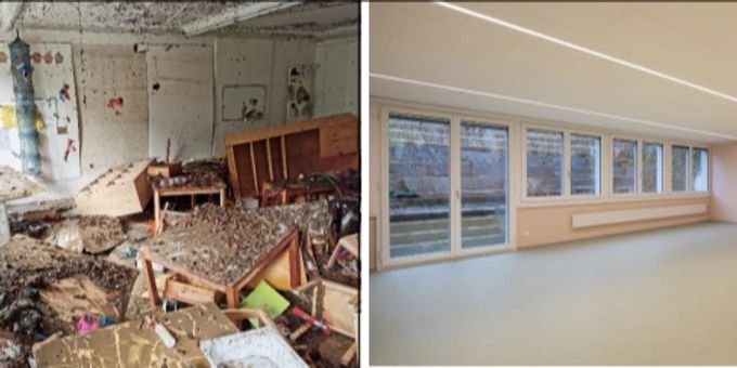 Der Raum Kindergarten UG Poststrasse «vorher» und «nachher». Ein Raum zerstört und saniert.