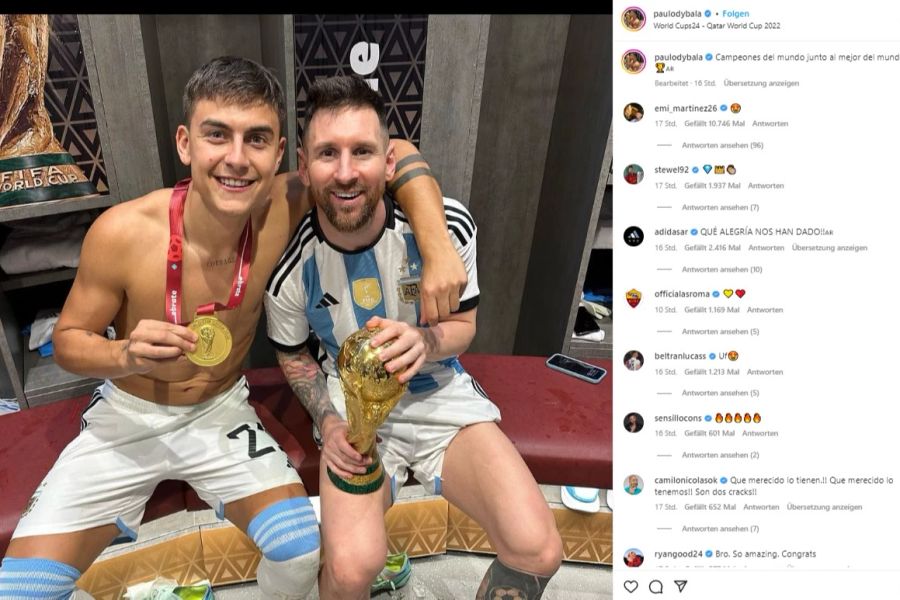 Paulo Dybala freut sich mit Messi über den Triumph.