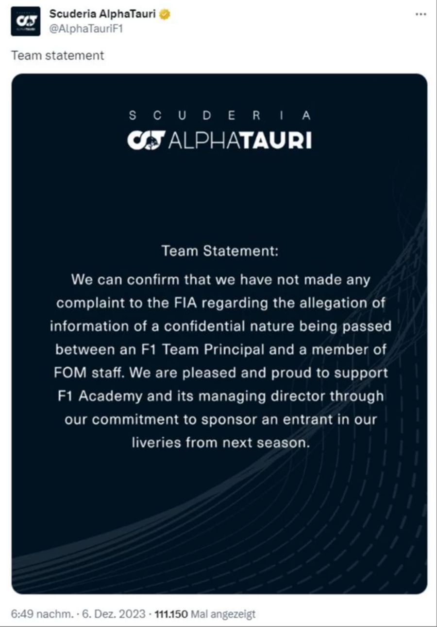 Auch bei AlphaTauri wird eine Beschwerde bei der FIA dementiert.