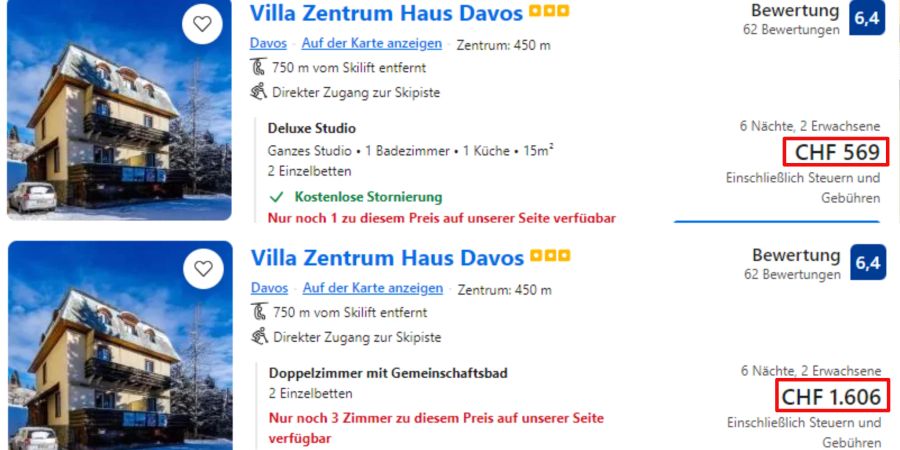 Zwei Personen müssen im Villa Zentrum Haus während des Spengler Cups 1606 Franken für eine Woche bezahlen.