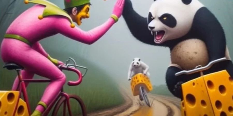 Ein Pandabär auf einem Fahrrad gibt einem Joker ebenfalls auf einem Fahrrad ein High-Five.