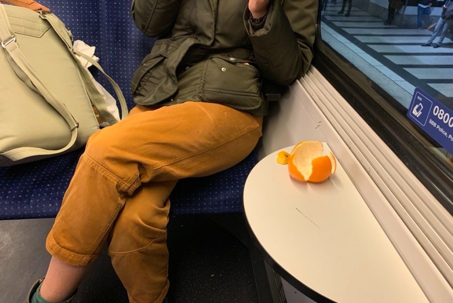 Schalen haben laut Knigge-Expertin Linda Hunziker nichts auf dem Tisch im Zugabteil verloren.