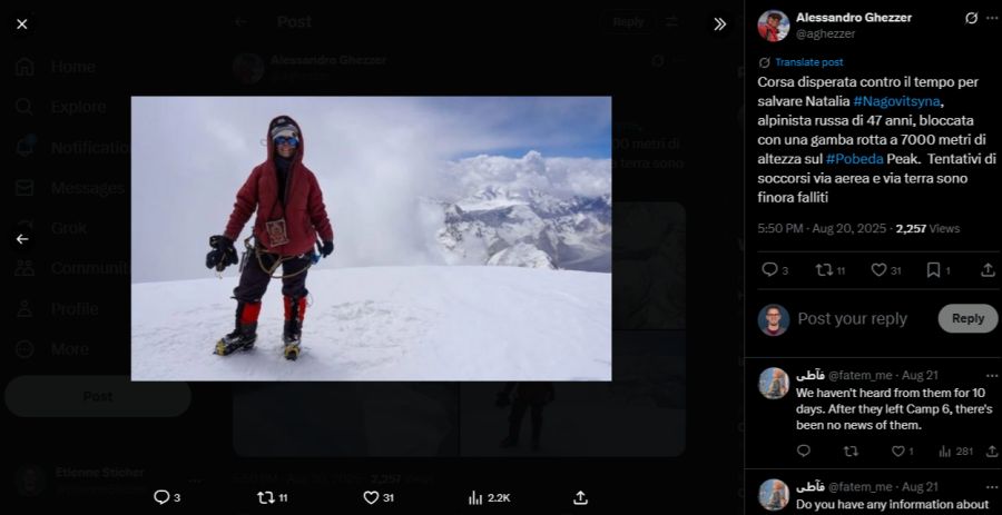 Die erfahrene russische Bergsteigerin Natalia Nagowizyna brach sich auf rund 7000 Meter ein Bein.