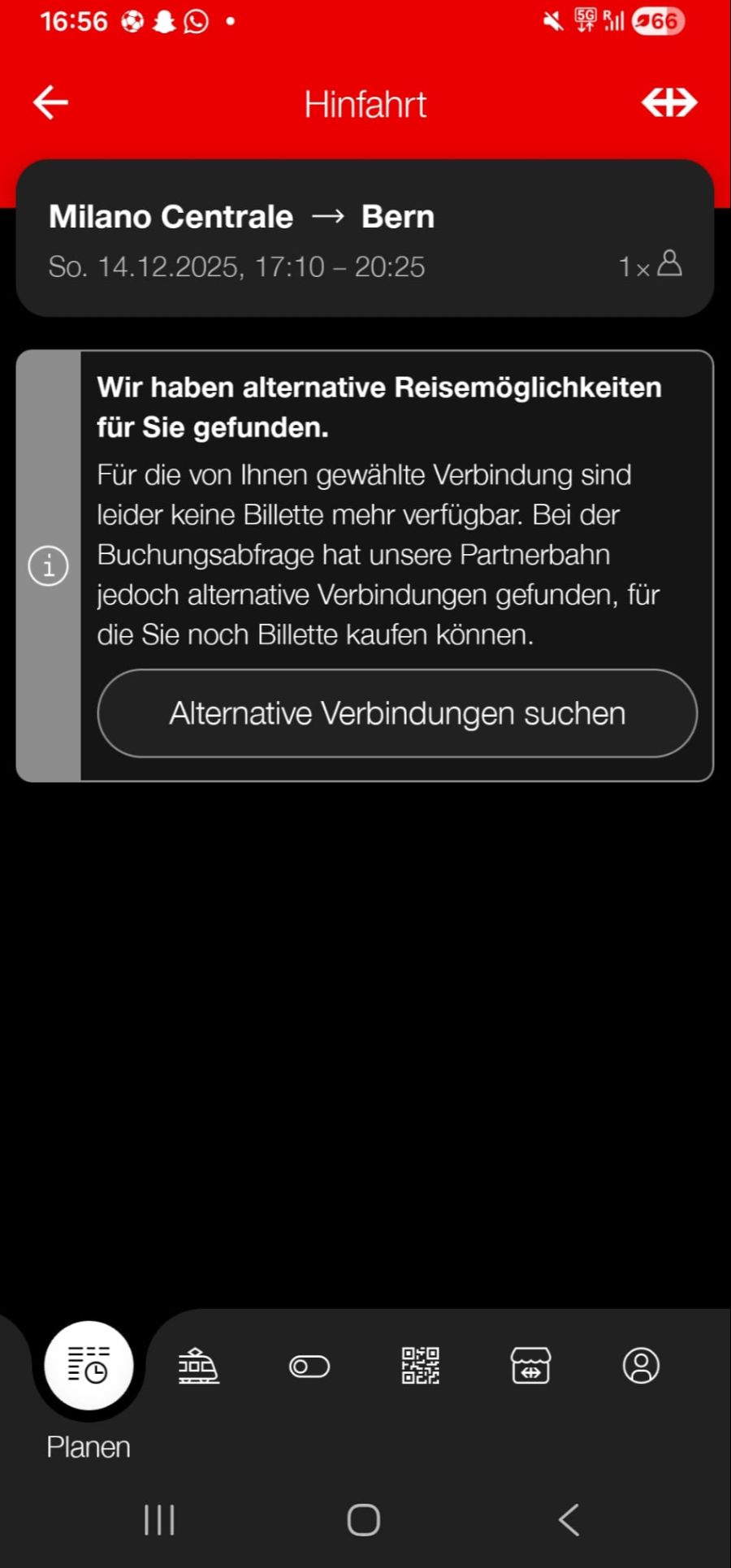 Die SBB-App meldet: Für diese Verbindung kann eine Viertelstunde vor Abfahrt kein Ticket mehr gelöst werden.