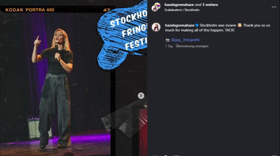 Hazel bedankt sich auf Instagram beim Stockholmer Publikum.