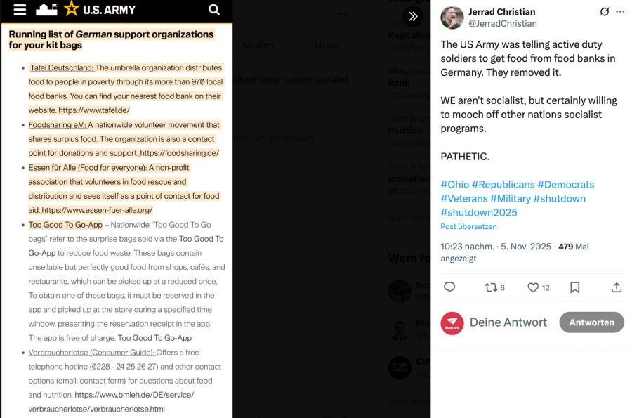 Auf ihrer Website verwies die US-Armee auf Hilfsangebote wie die Tafel Deutschland.