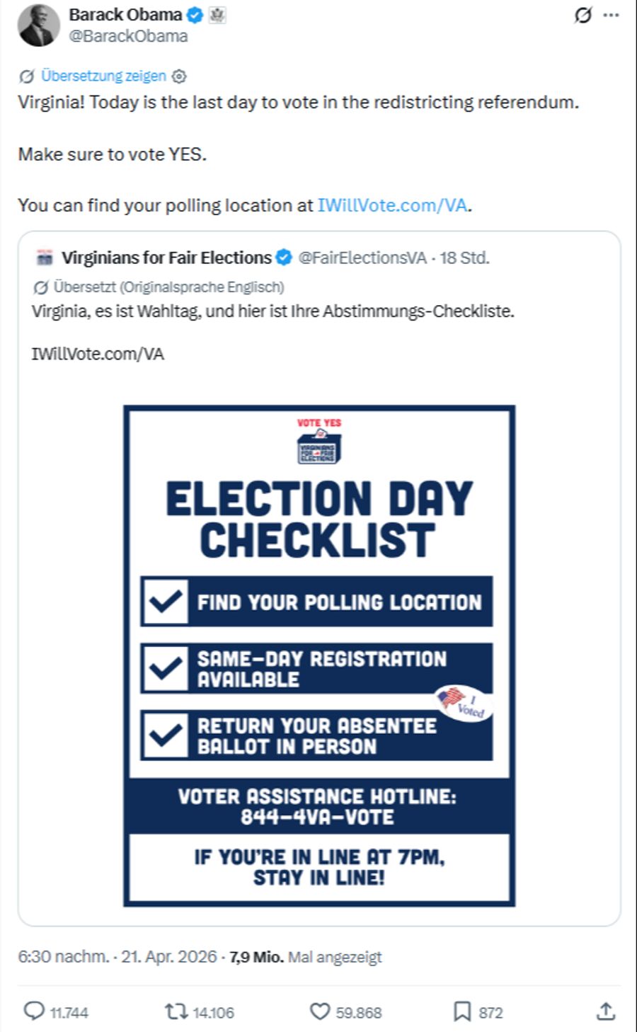Barack Obama forderte die Bürgerinnen und Bürger dazu auf, Ja zu stimmen.