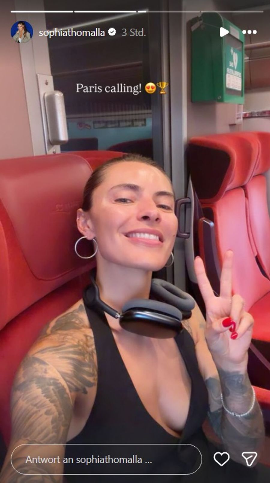 «Paris calling!»: Sophia Thomalla postete dieses Selfie aus dem Zug – auf dem Weg zu ihrem frisch gekrönten Grand-Slam-Champion.