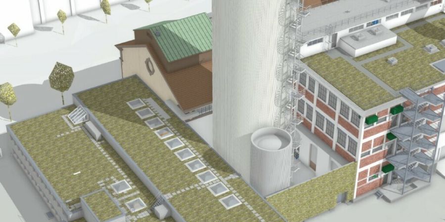 Diese Visualisierung zeigt den geplanten IWB-Energiespeicher im Basler St. Johann-Quartier.