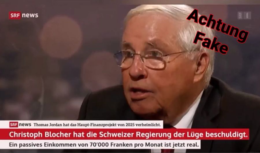 Die Schweizer Regierung verheimliche den Menschen Informationen über seine neue Finanzplattform, behauptet SVP-Doyen Christoph Blocher in einem gefälschten Video.