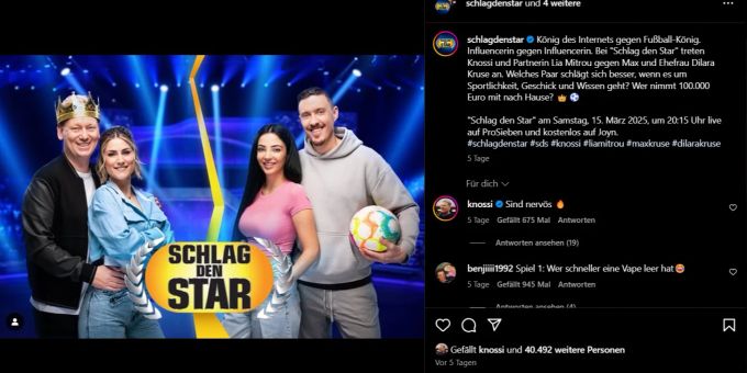 Knossi und seine Partnerin Lia traten bei «Schlag den Star» gegen Max und Dilara Kruse an. Knossi