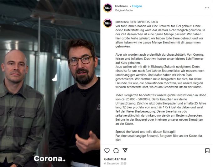 Bereits im Dezember 2023 baten die Lille-Gründer um Unterstützung. Nun ist das Unternehmen pleite. Lillebräu Instagram Gründer Pleite