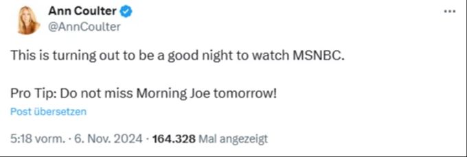 Die konservative Kommentatorin Ann Coulter äussert sich im Netz über die Aussagen von Joy Reid. Donald Trump