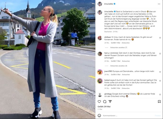 Beller hatte bereits mehrmals Kritik wegen prorussischen Aussagen geerntet. So auch, als sie sich über Instagram über die Absage des Konzerts einer Putin-Freundin beklagte. Irina Beller Putin Russland