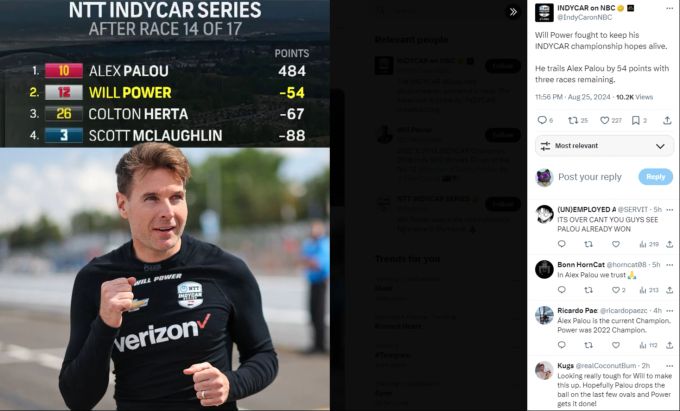 Will Power holte am Sonntag seinen dritten Saisonsieg in der Gesamtwertung der IndyCar-Saison 2024. Will Power IndyCar 500