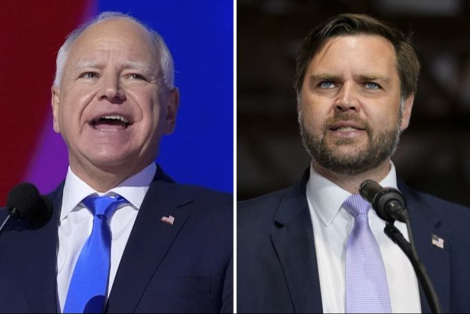 Am 1. Oktober treten die Vizepräsidentschaftskandidaten Tim Walz (l) (Demokraten) und J.D. Vance (r) (Republikaner) in ihrem ersten direkten TV-Duell gegeneinander an. (Archivbild) TV Duell