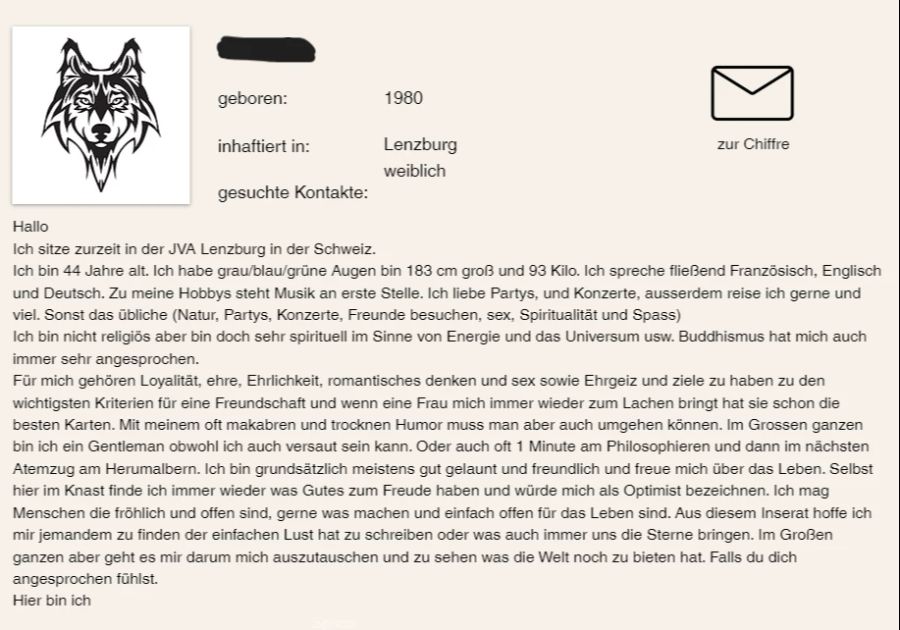 «Im Grossen ganzen bin ich ein Gentleman, obwohl ich auch versaut sein kann», schreibt dieser Schweizer Häftling.