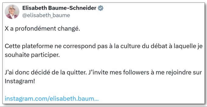 Elisabeth Baume-Schneider verlässt X (vormals Twitter) wegen der Debattenkultur und hofft auf mehr Follower für ihren Instagram-Account. Elisabeth Baume-Schneider X Instagram
