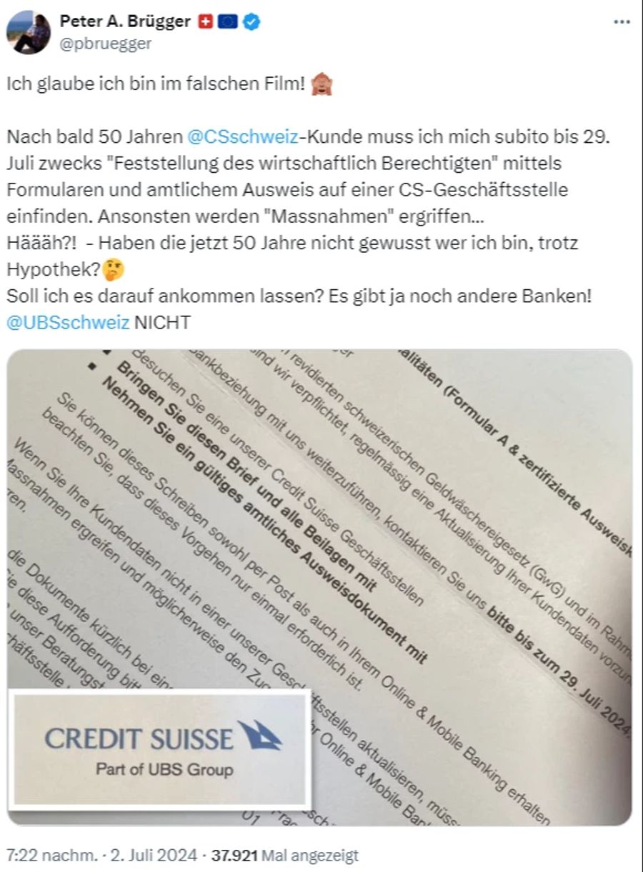 Dieses Schreiben haben Kundinnen und Kunde der Credit Suisse erhalten.